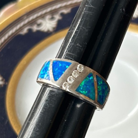 Vintage Fire Opal Inlay Sterling Silver Ring